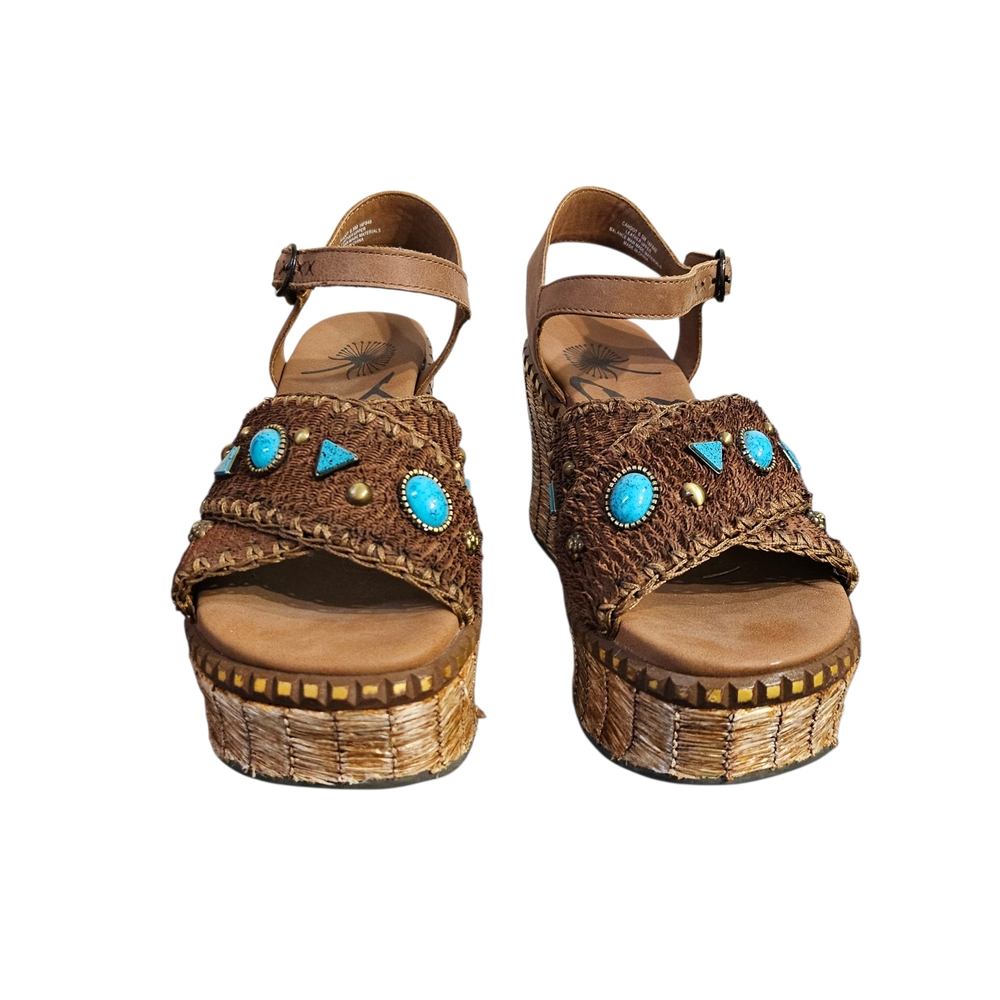 OTBT Cahoot Leather Brown Wedge Peasant Sandals Turquoise Stone Accents Sz 6.5 - Picture 2 of 9